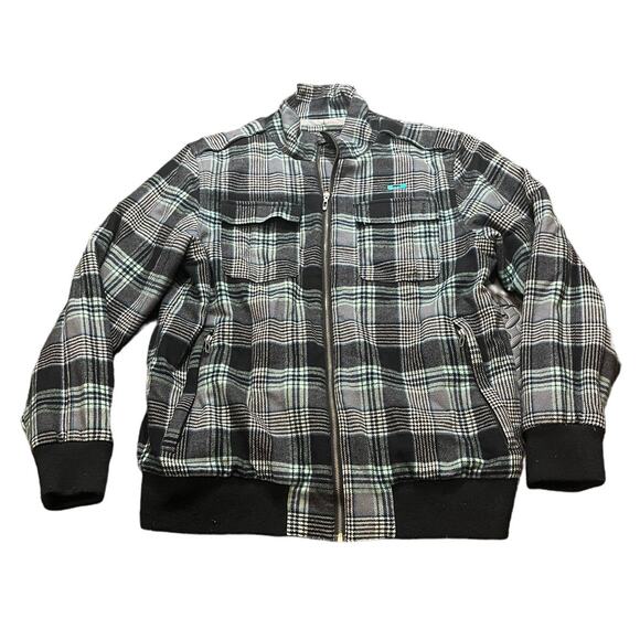 Y2K‎ Oakley Black Gray Blue Window Pane Plaid Wool Blend Jacket Men's XL